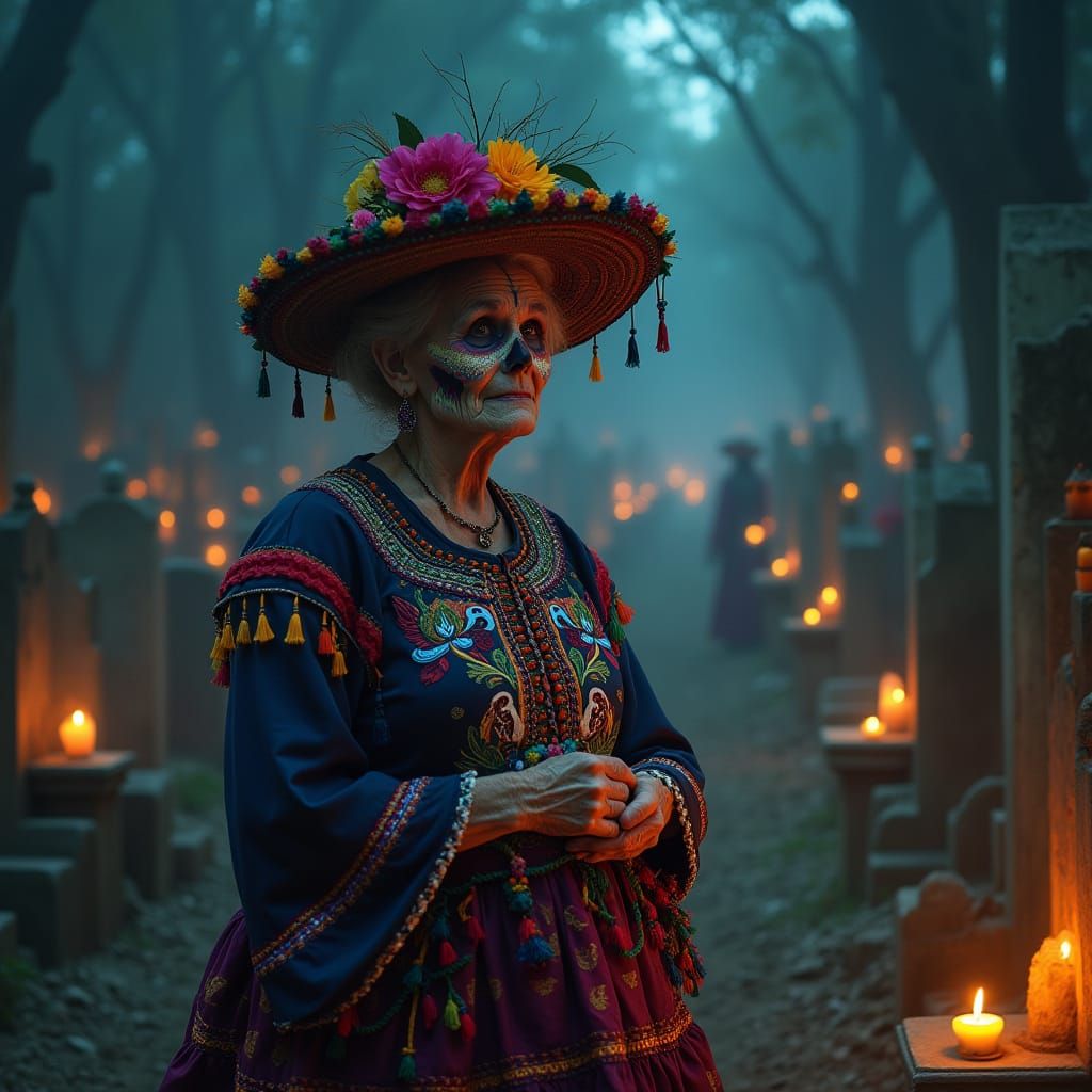 Elderly Lady Celebrates Day of the Dead in Vibrant Sugar Sku...