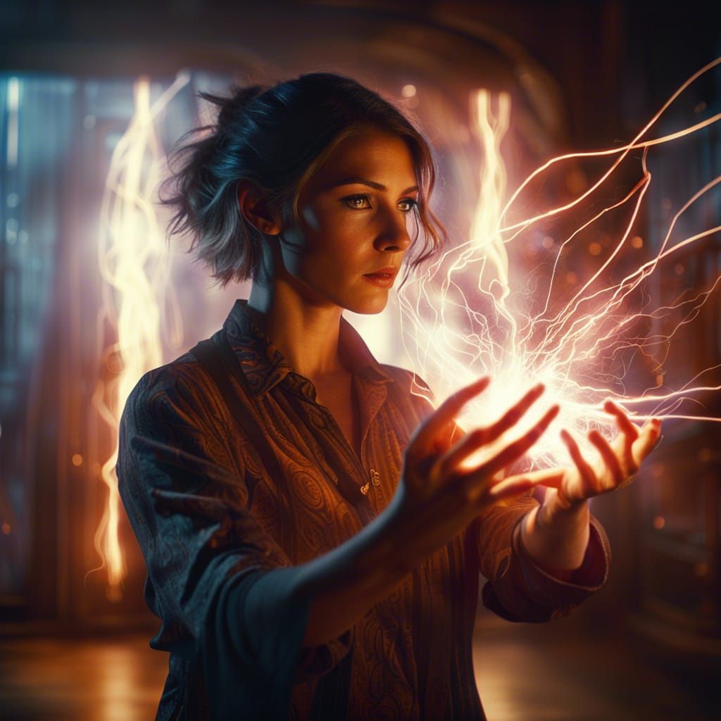 Woman Wielding Electrokinesis Psychic Powers in Digital Pain...