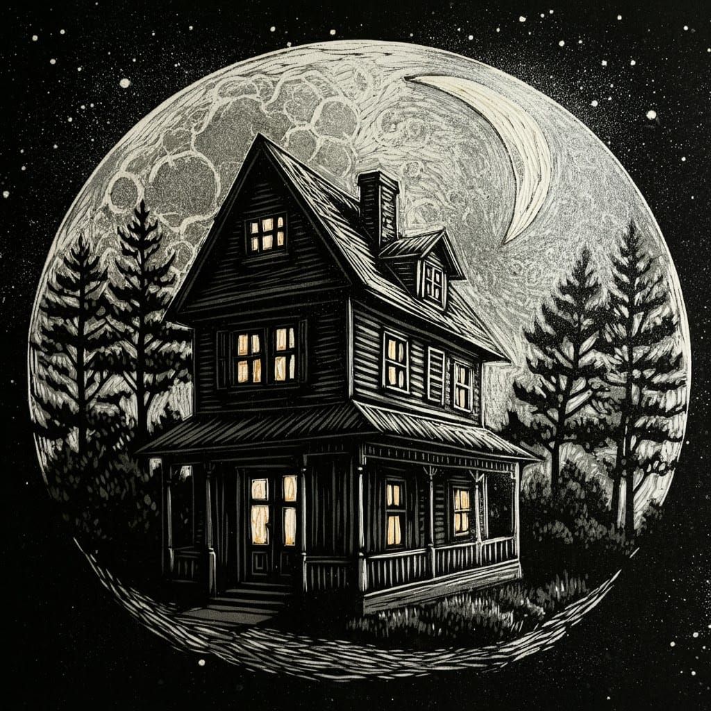 High Contrast Linocut: House on the Moon