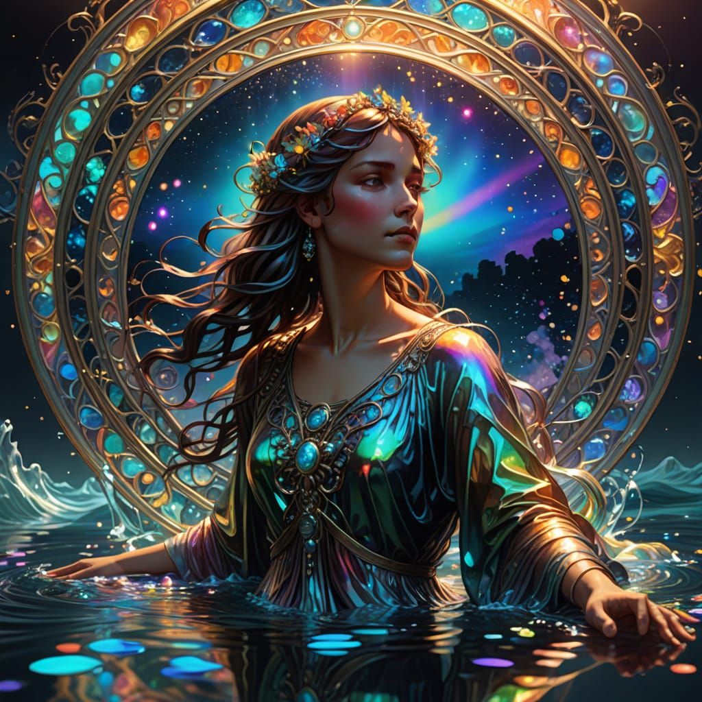 Ethereal Alphonse Mucha-Inspired Sky Realm with Iridescent H...