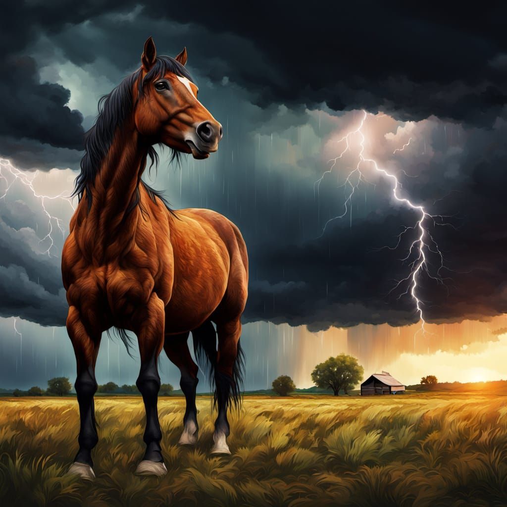 Horse in Expressionist Rural Landscape During Storm