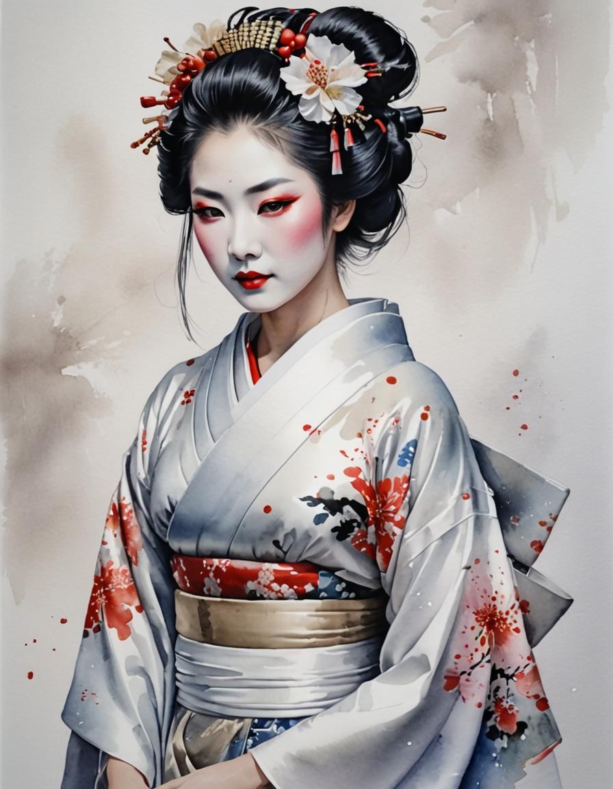 Geisha Portrait in Watercolor Style on White