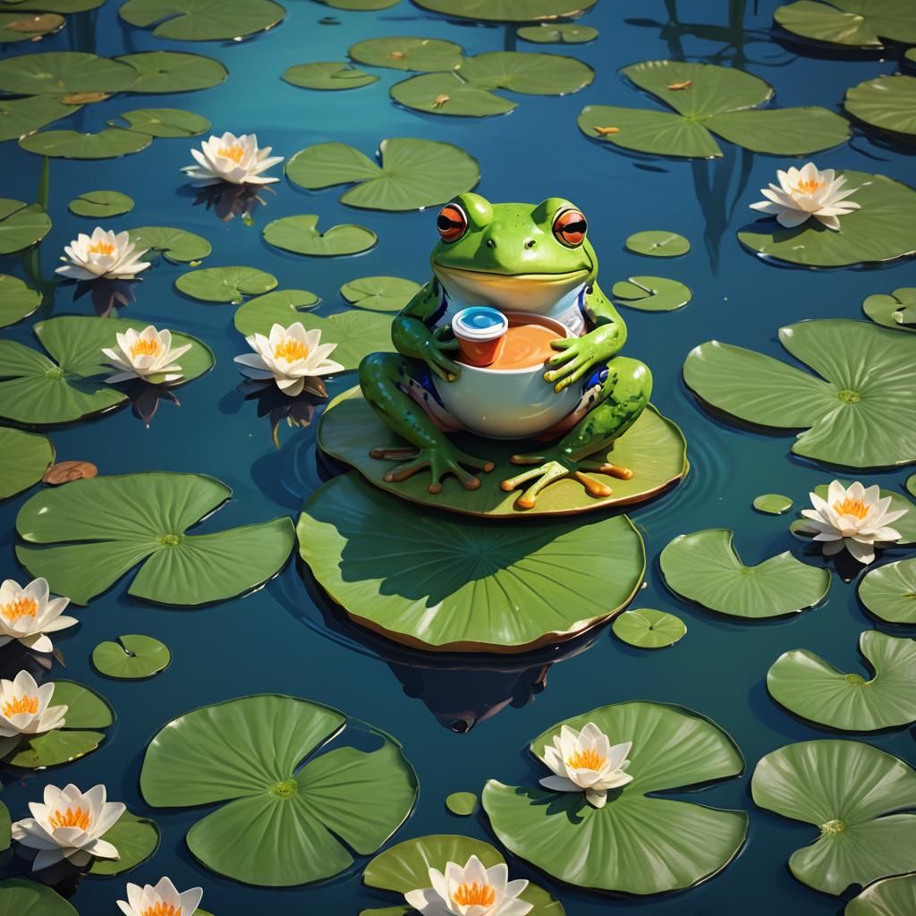 Frog Sipping Starbucks on Lily Pad: Pixar-Style 3D Art