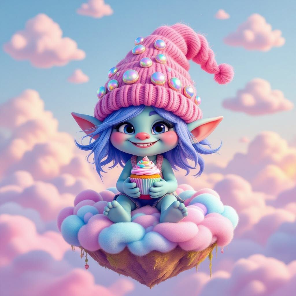 Charming Chibi Troll with Seashell Hat and Cotton Candy Isla...