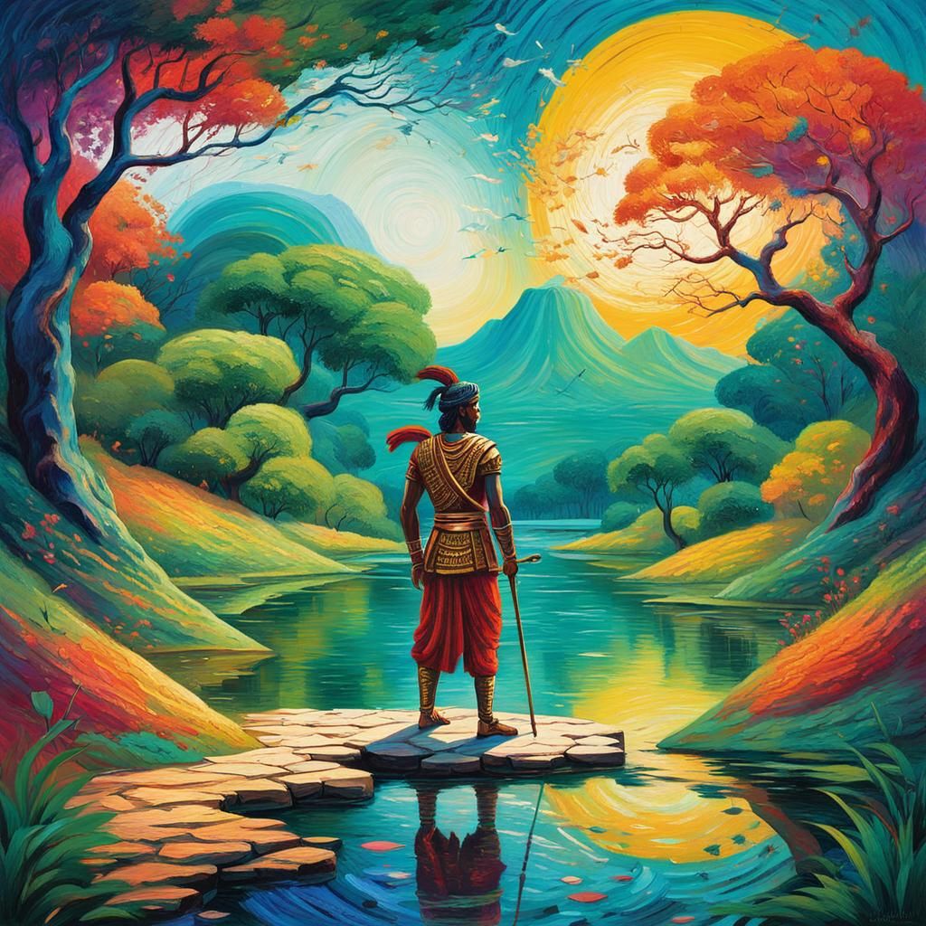 Arjuna at the Crossroads in Vibrant Neo-Impressionist Style