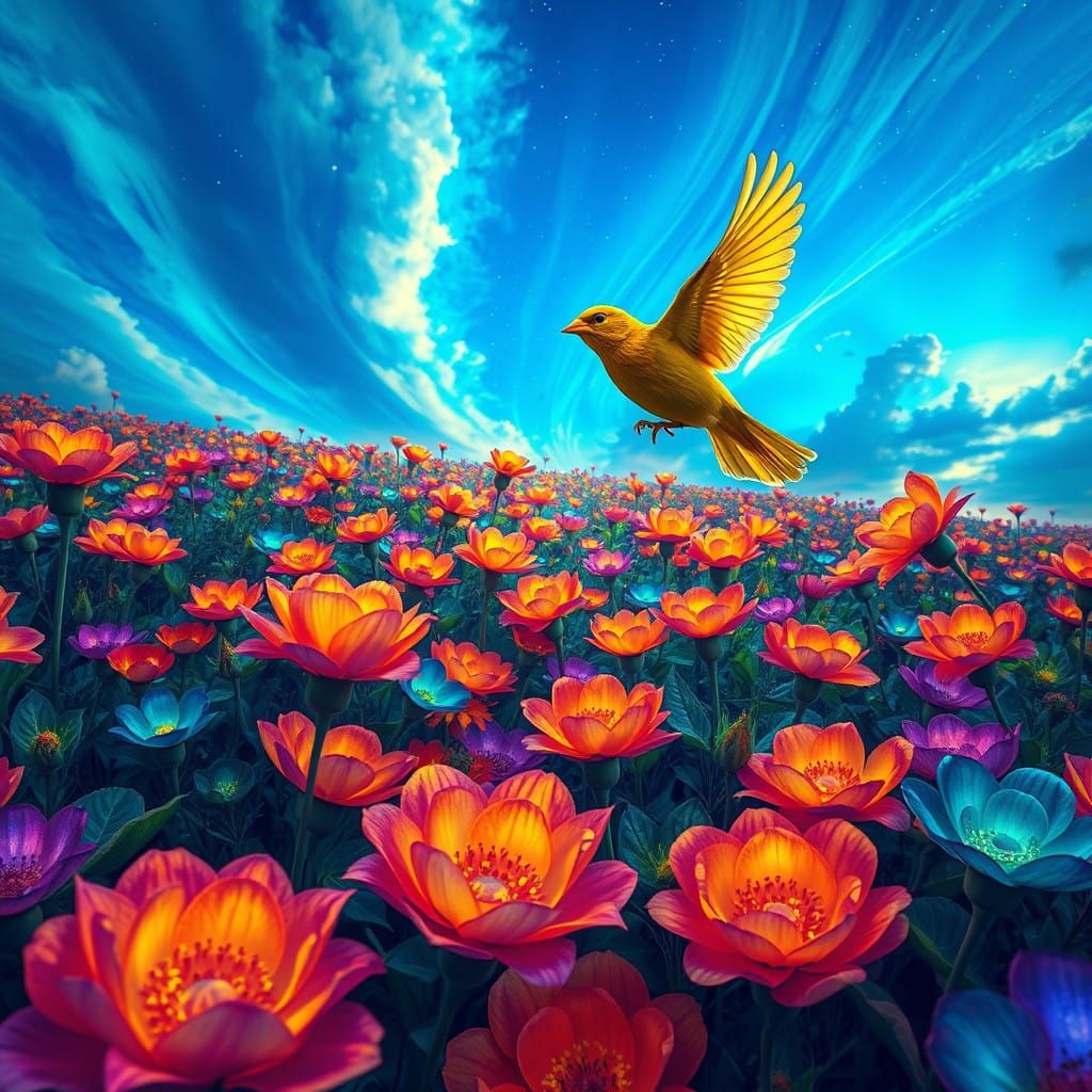 Surreal Landscape of Bioluminescent Flowers in a Dreamy Bree...