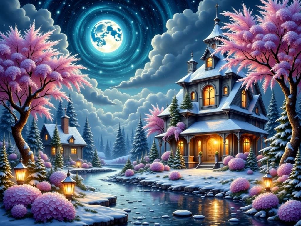 Winter landscape, under the moonlight