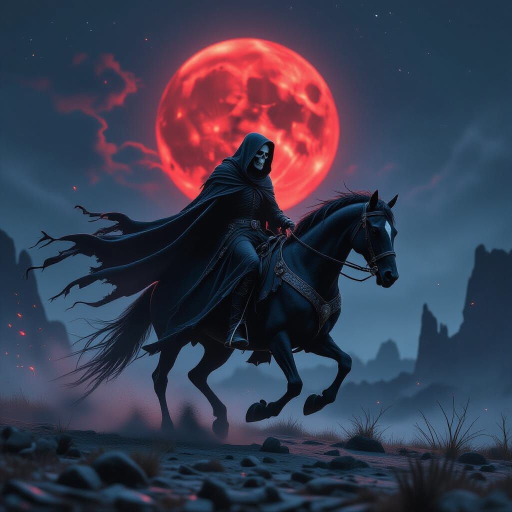 Skeletal Wraith Rides Spectral Warhorse Under Blood Moon