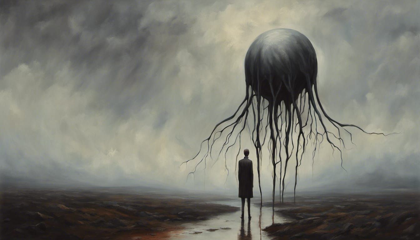 Creepy Giant in Empty Landscape: Surreal Oil Painting