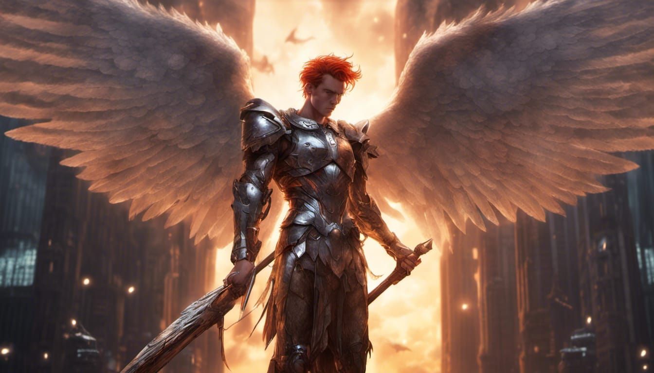 Stoic Red-Haired Angel of Justice in Battle