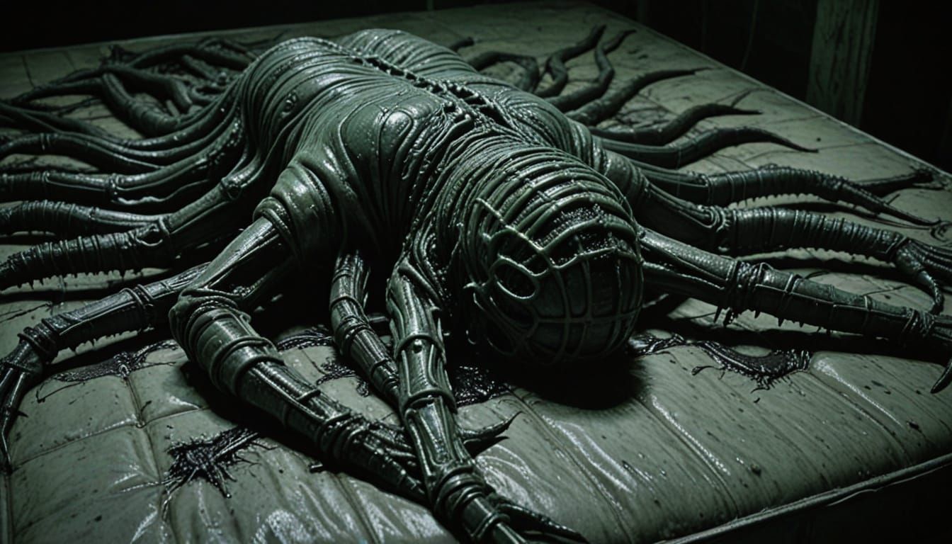 Grotesque Body Horror: Pulsing Mattress in Giger Style