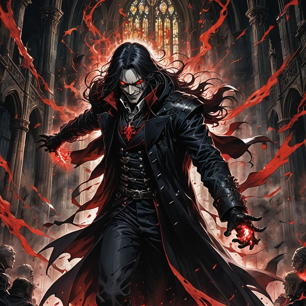 Alucard Unleashing Powers in Gothic Anime Style