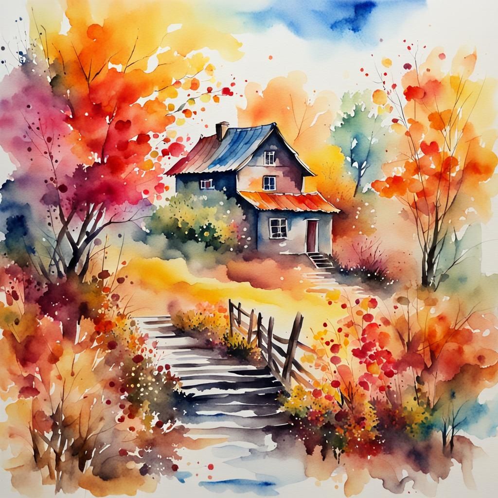Colorful Autumn Scene in Watercolor Style