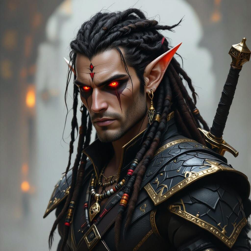 Dark Elf Warrior with Glowing Eyes and Dragon Scale Armor