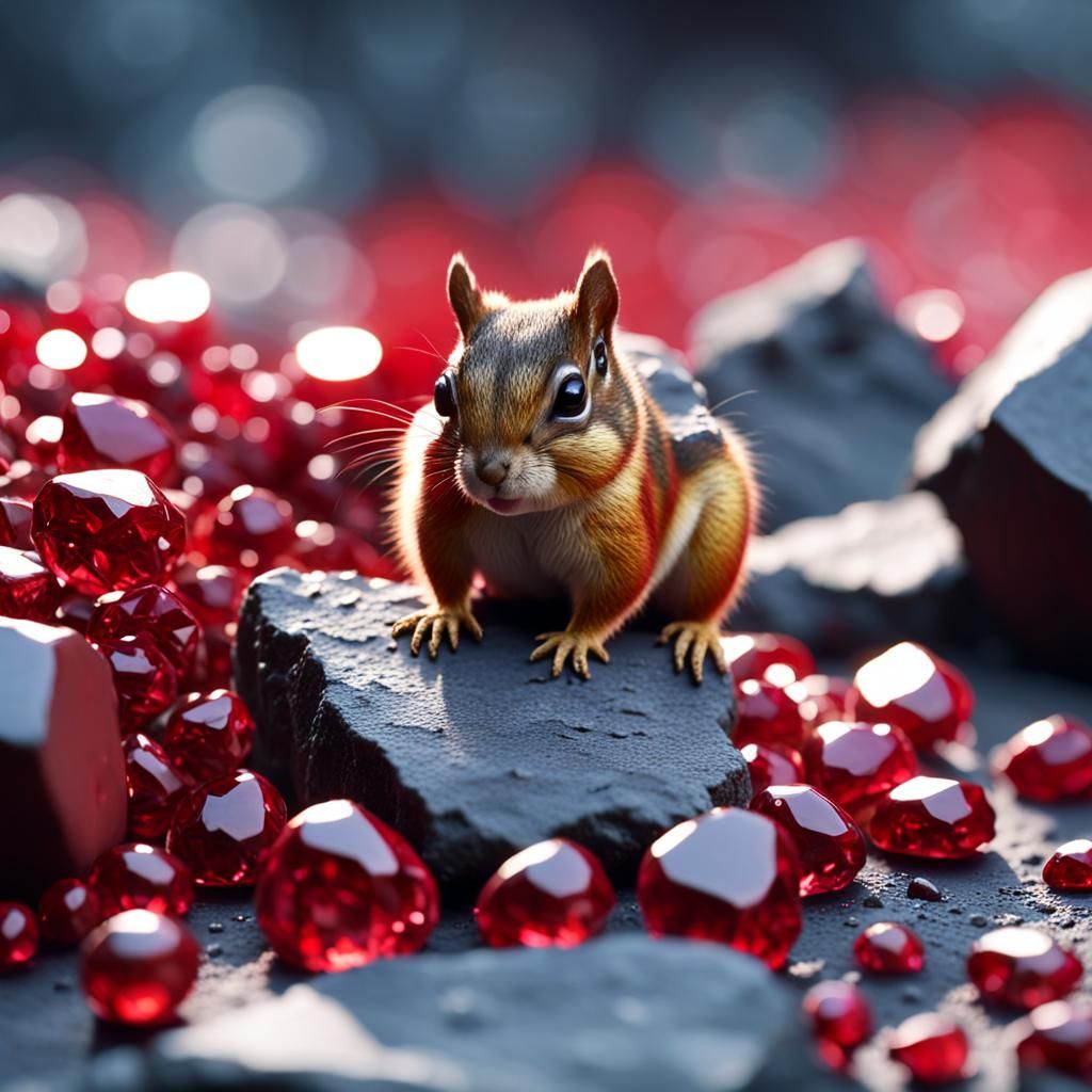 Chipmunk and Imperfect Ruby in Hyper-Realistic Photo