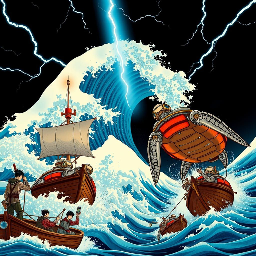 Cyberpunk Wave Crashes Over Traditional Japanese Fishermen