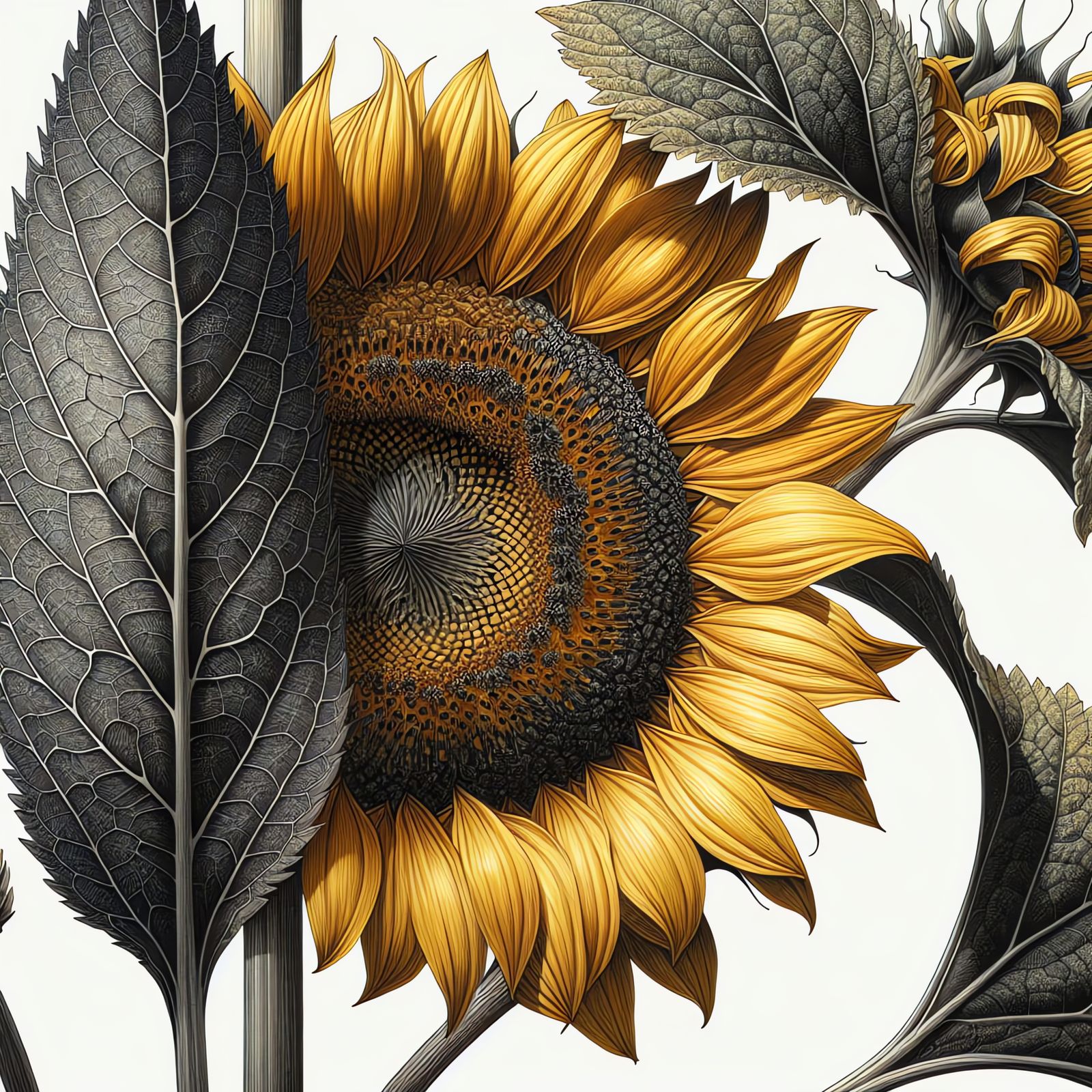 Detailed Botanical Illustration of a Sunflower
