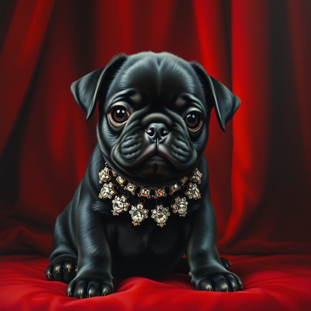 Regal Pug Puppy in Crimson Chamber, Inspired by Old Masters
