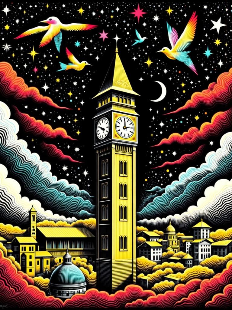 Palazzo Vecchio Woodcut Print with Spiral Sky