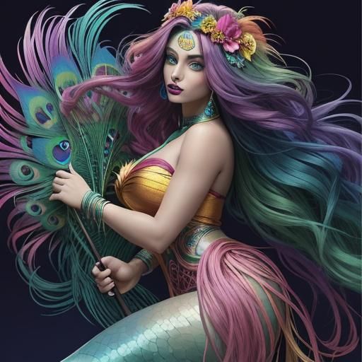 Rainbow Woman with Peacock Hair in Comic Art Style