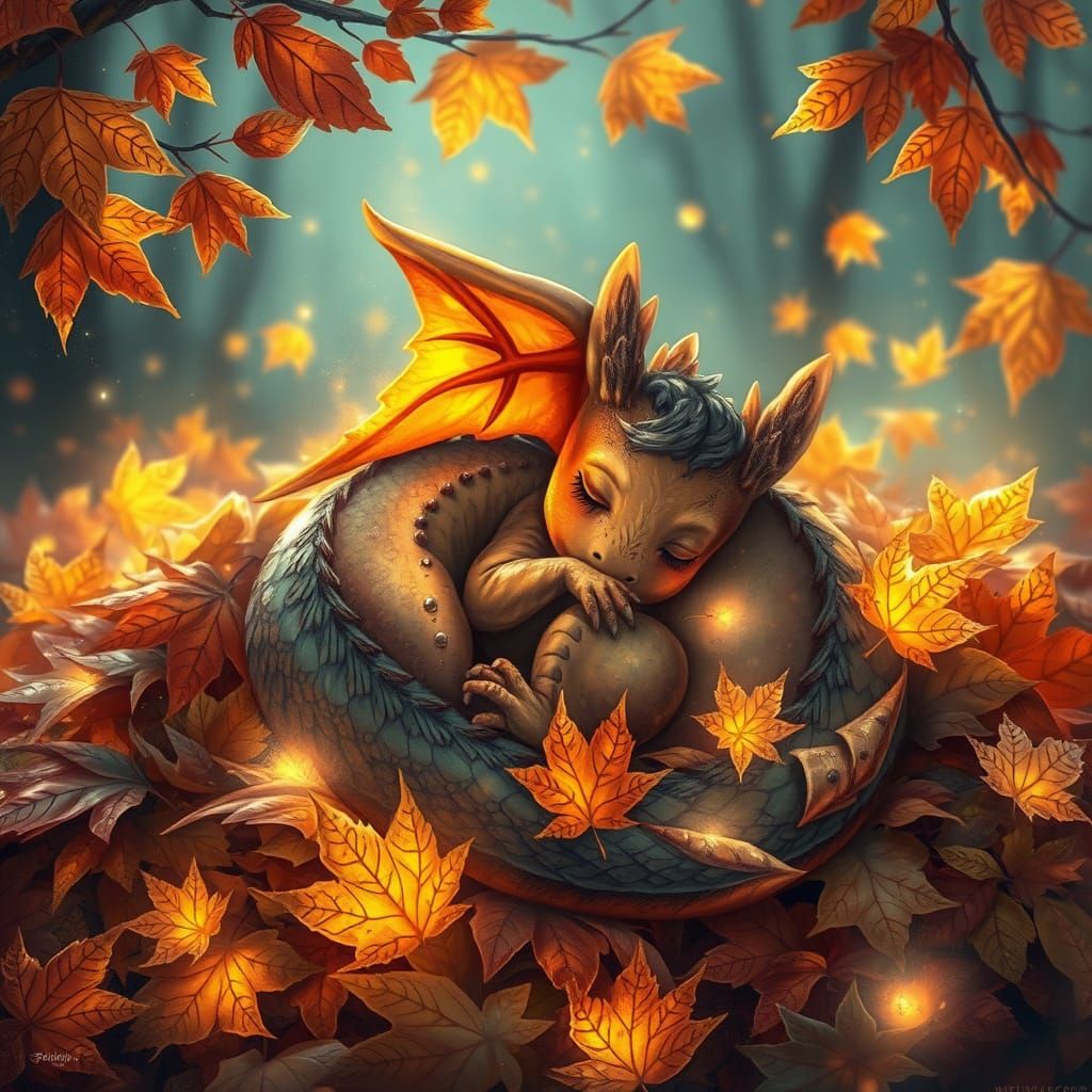 Tiny Dragon Sleeps in Magical Glowing Autumn Leaves