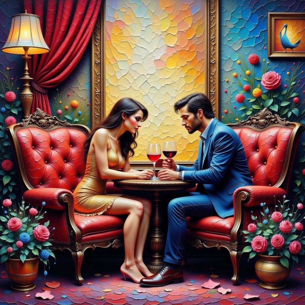 Fantasy Lovers in Ornate Cinema: Impasto Painting