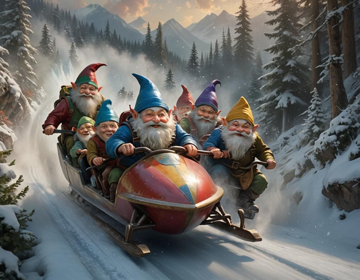 Gnomes Bobsledding Downhill in Winter Wonderland