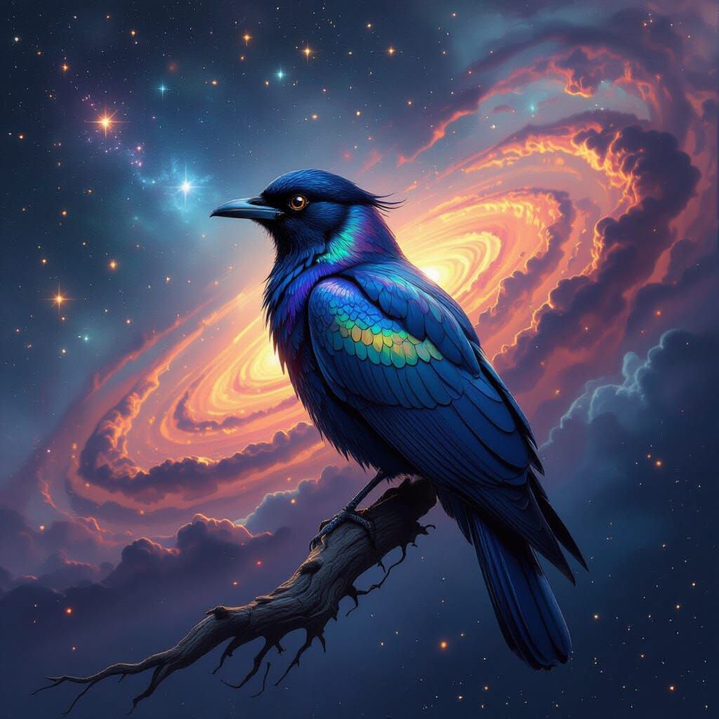 Iridescent Bird Soaring Through Starry Galaxy