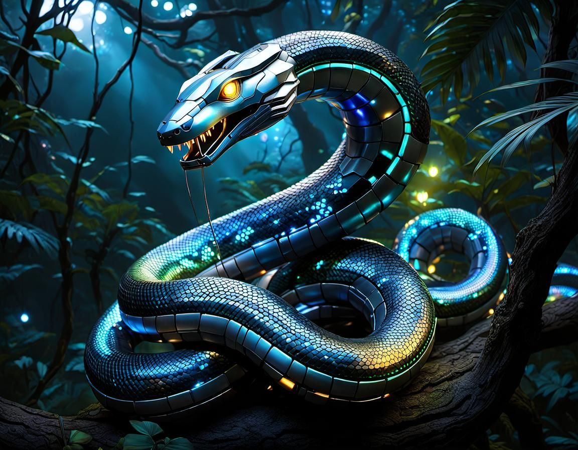 Cyberpunk Anaconda in Misty Jungle Night