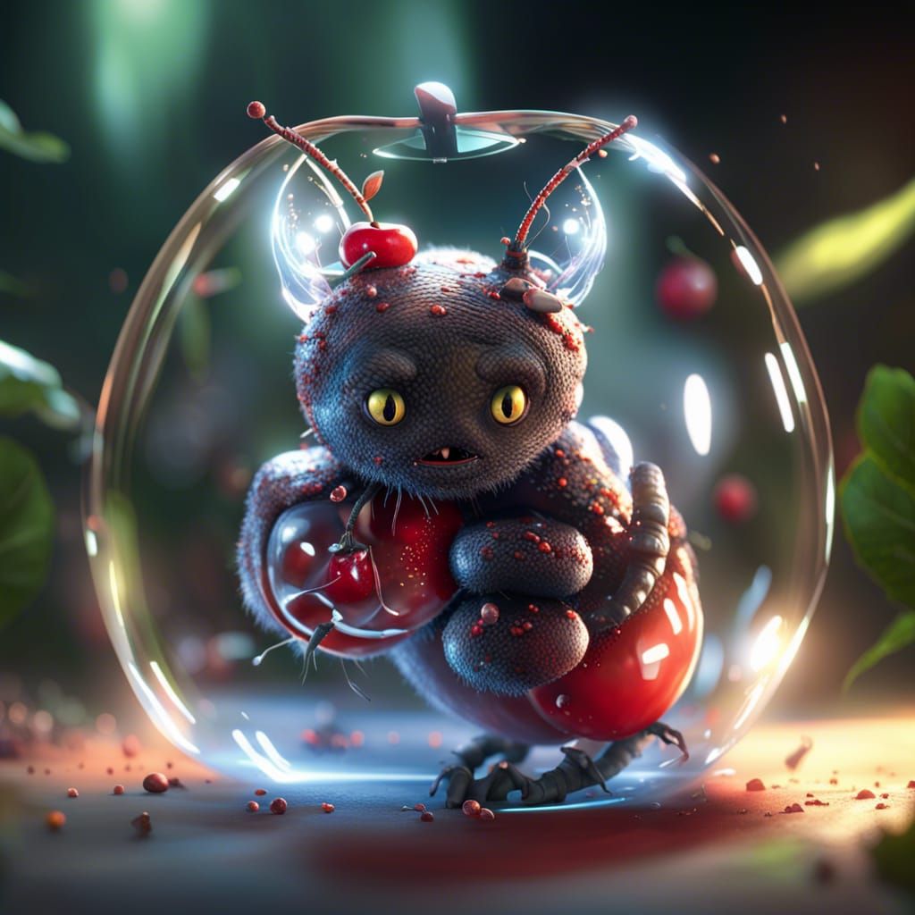 Glass Caterpillar Eating Apple, 3D Rendered