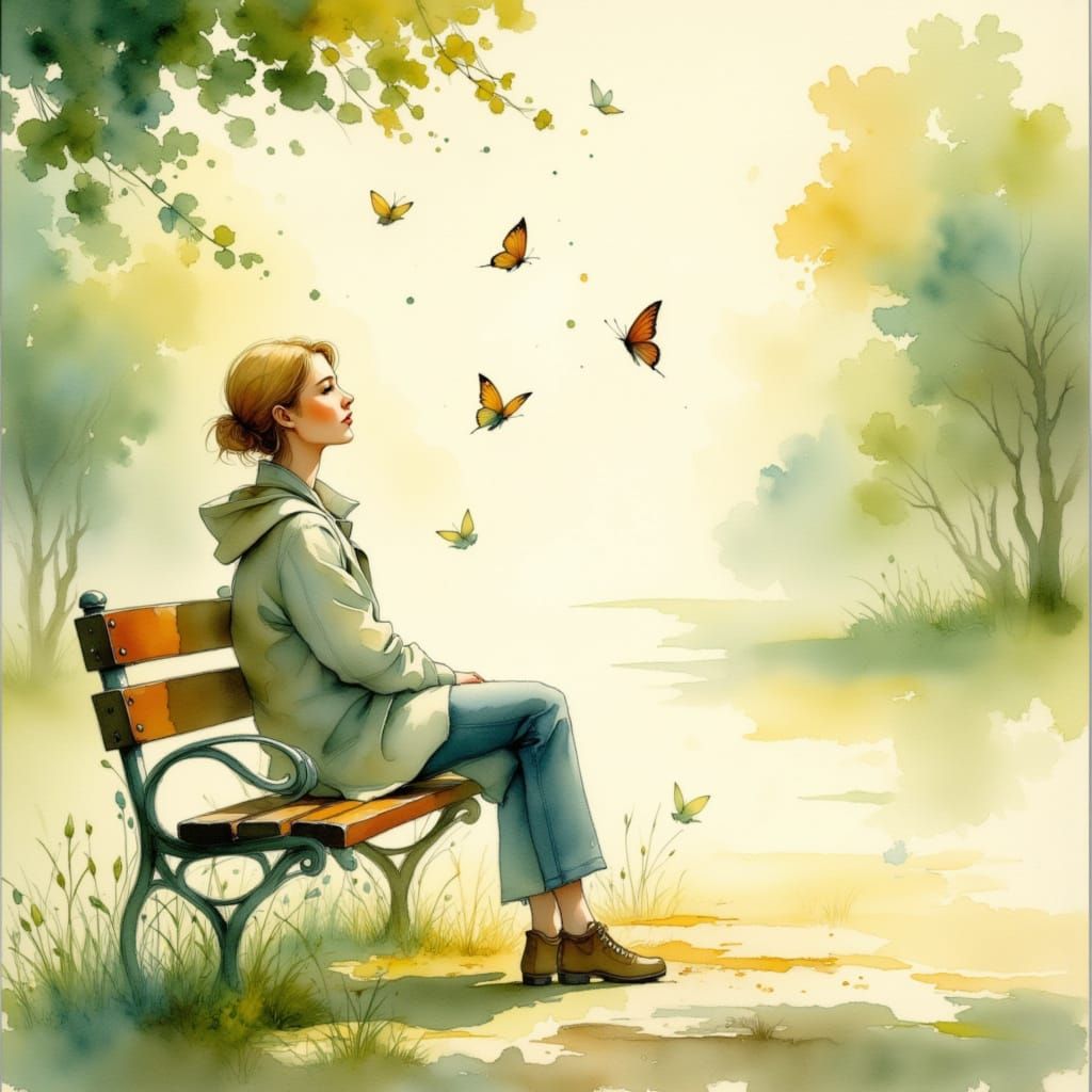 Peaceful Garden Scene with Butterfly in Watercolor Style