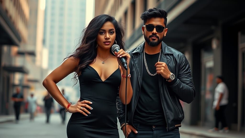 Indian Rappers in Black Outfits, Realistic Style