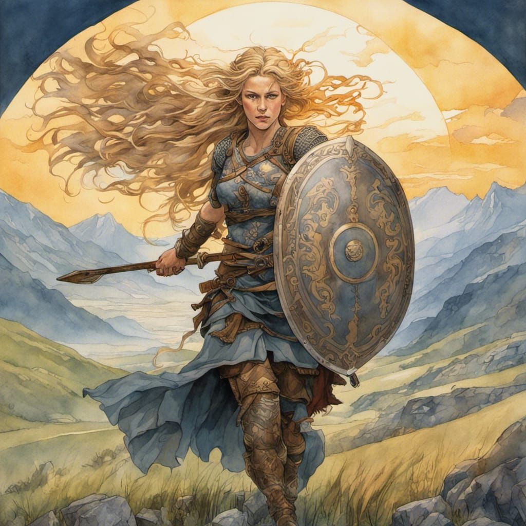 Lagertha Leads Warriors: Alphonse Mucha Watercolour