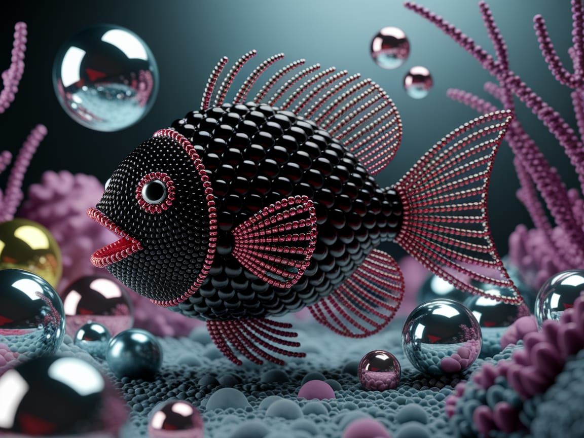 Whimsical Surreal Beaded Fish in a Vibrant, Textured Scene