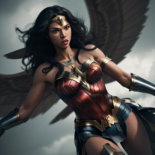 Black Wonder Woman in Flight: Hyperrealistic Image