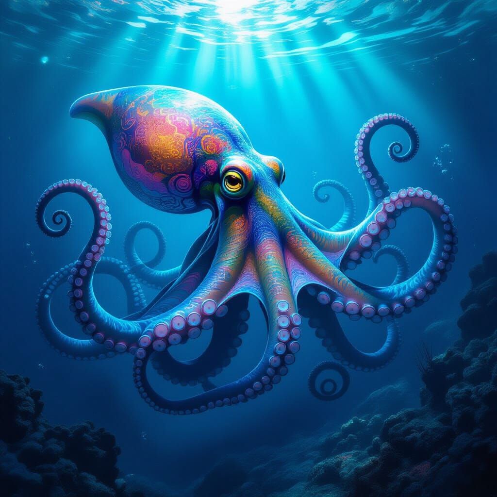 Bioluminescent Squid-Octopus Hybrid in Dreamlike Style