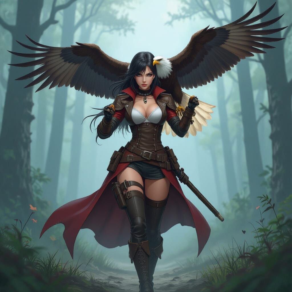Leather Huntress with Eagle in Frazetta Style