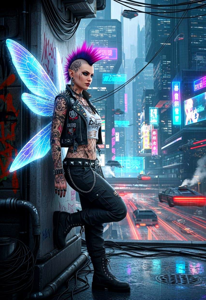 Punk Fairy with Glowing Wings in Cyberpunk City