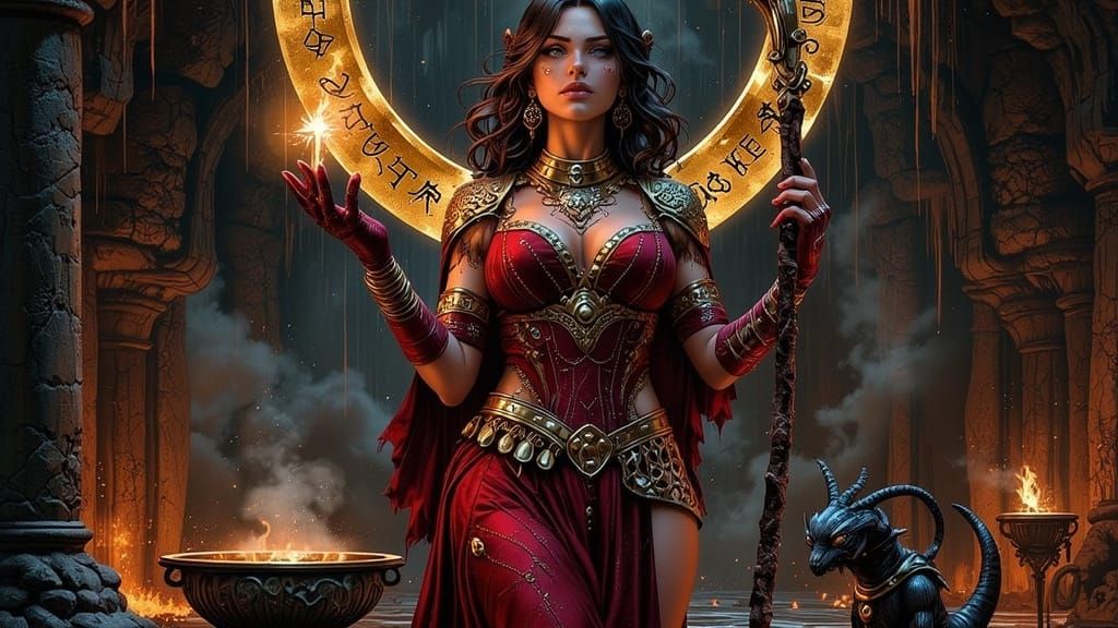 Sorceress Casting Spells in a Dark Cave