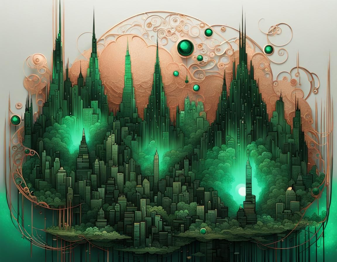 Emerald Cityscape Sculpture Underwater, Digital Illustration