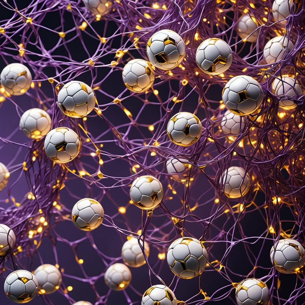 Surreal Purple Spaghetti Net with White Soccer Balls