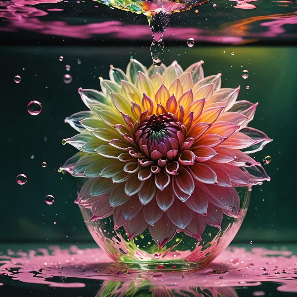 Colorful Dahlia Water Splash in Glass Aquarium