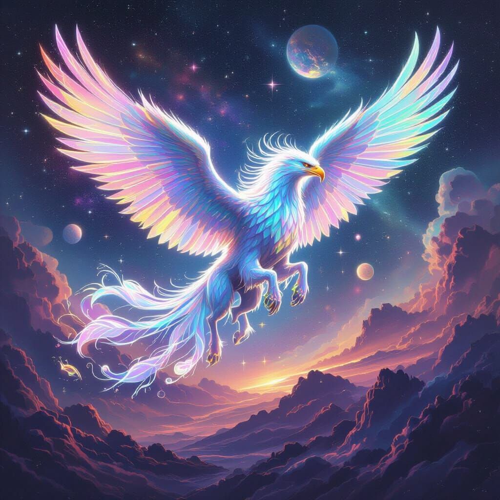 Iridescent Griffin Soaring Through Nebula in Ethereal Fantas...