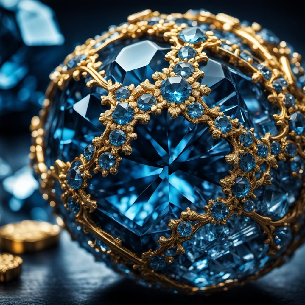 Intricate Blue Crystal with Gold Elements in HDR