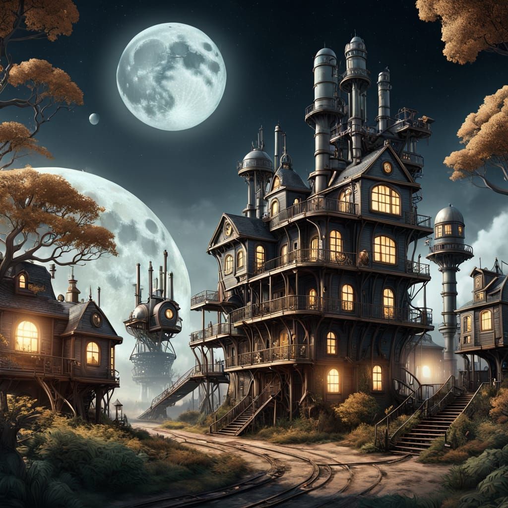 Steampunk Moonlit Neighborhood with Glowing Pathways and Eng...