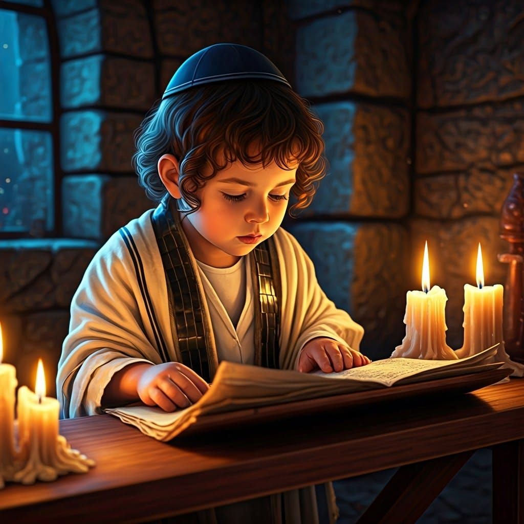 Ancient Scholar Contemplates Sacred Texts in Golden Candleli...