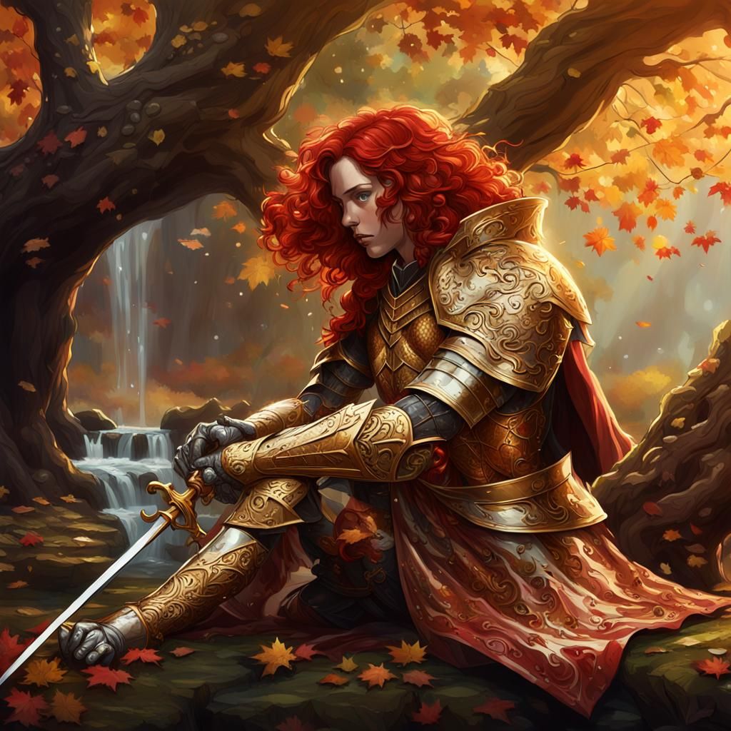 Red-Haired Knight Polishing Rapier in Autumnal Scene
