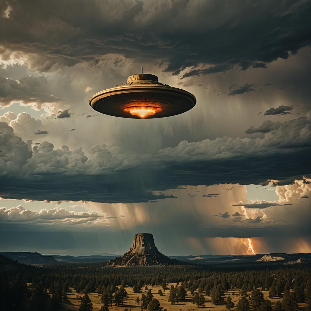 UFO over Devils Tower in Cinematic Style