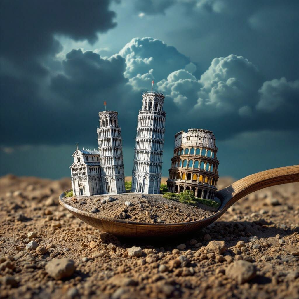 Surreal Wet Landscape with Miniature Landmarks in Spoon