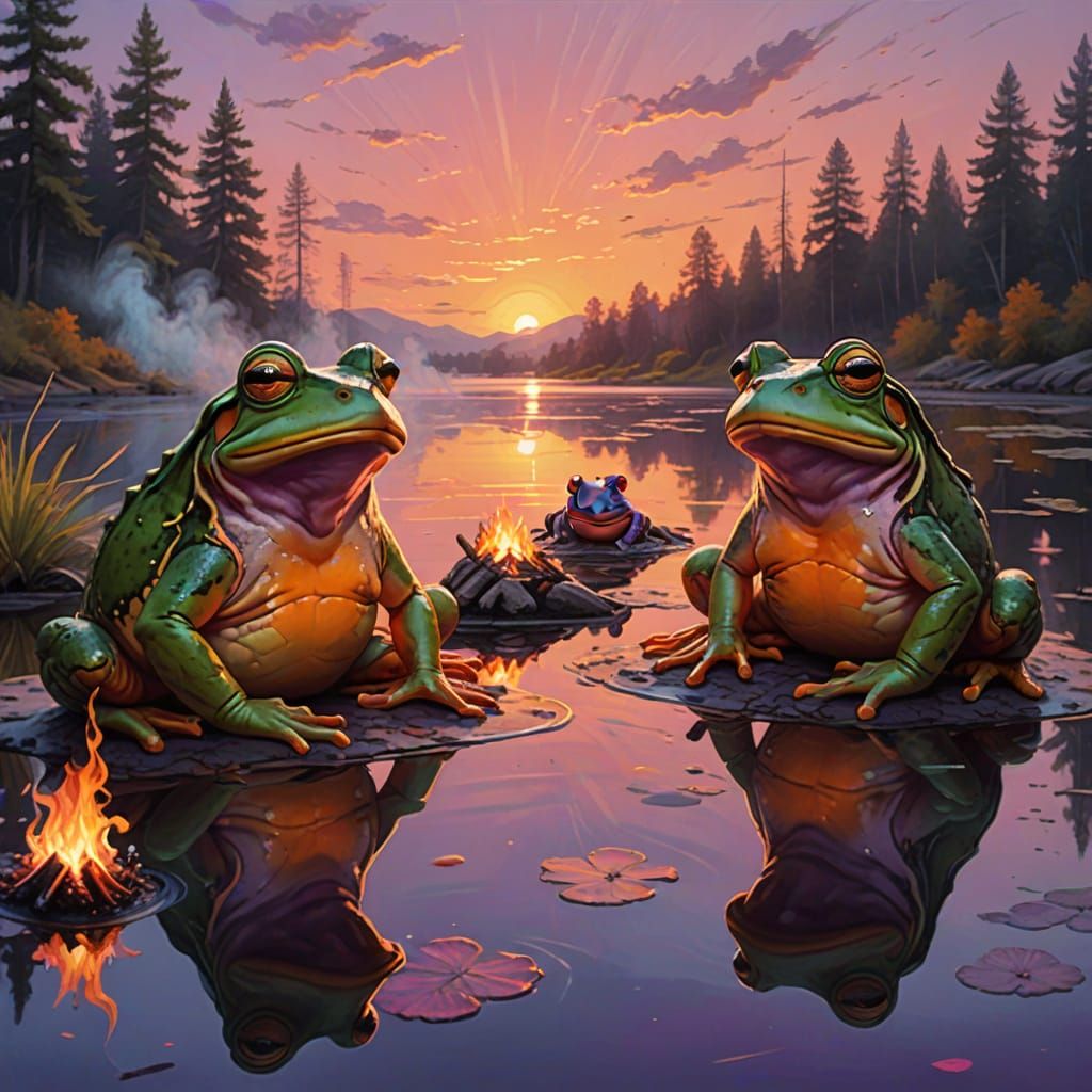 Bull Frogs Enjoy Sunset by Campfire in Vibrant Oil Painting ...